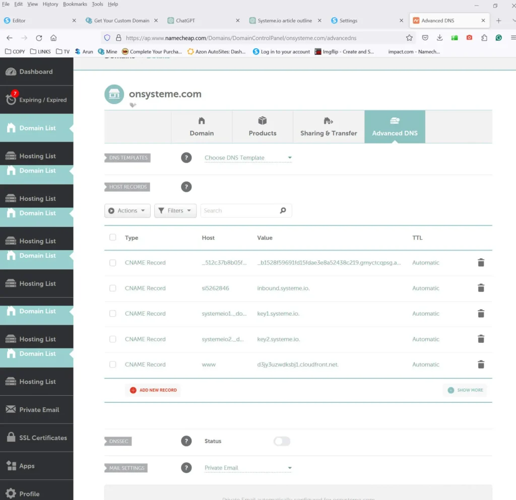 Steps to configure DNS settings for a custom domain in Systeme.io.