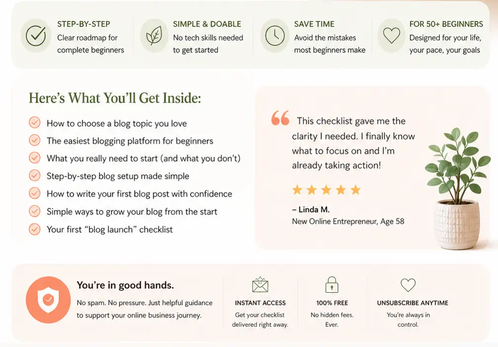 Testimonial from beginner over 50 using blogging checklist with trust badges and reassurance elements