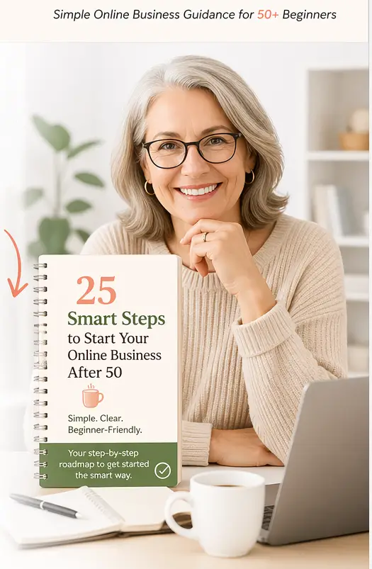 Woman over 50 holding online business checklist and smiling at desk with laptop