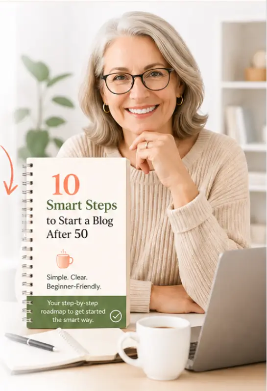 Start a blog after 50 checklist landing page hero showing free 10 step blogging guide for beginners over 50